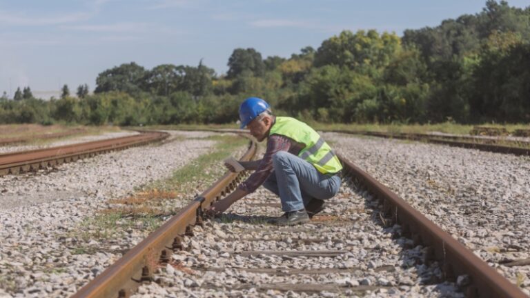 A worker inspects railroad tracks, ensuring proper maintenance of railroad equipment and components