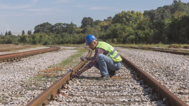 A worker inspects railroad tracks, ensuring proper maintenance of railroad equipment and components