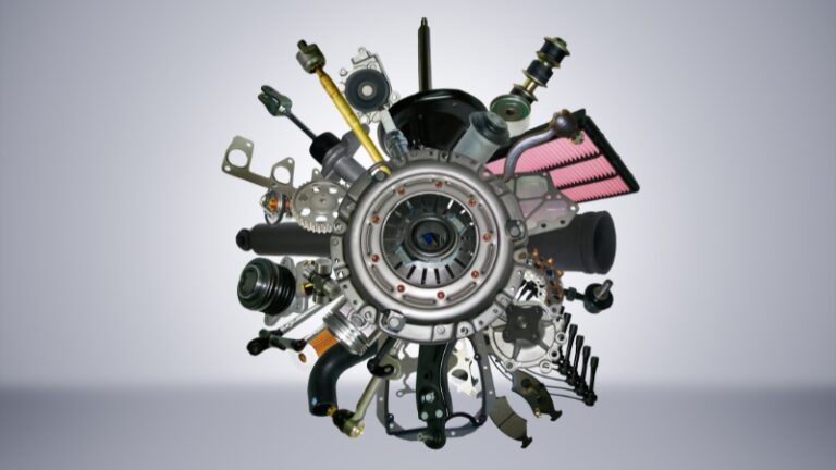 A variety of industrial spare parts arranged in a circular pattern, emphasizing the supply chain