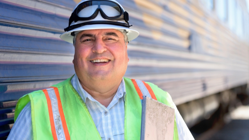 A railroad worker smiles while wearing safety gear, ensuring protection during operations