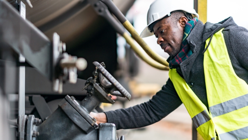 A worker inspects train equipment for scheduled maintenance